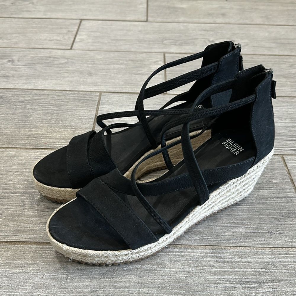 Eileen Fisher Black Strappy Wedge Sandals Only Worn Once. - Picture 6 of 9